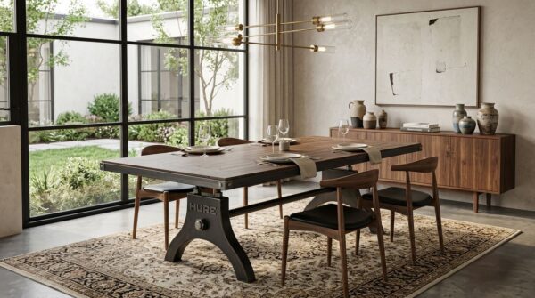 Hure Industrial Dining Table with walnut top in Luxury modern home