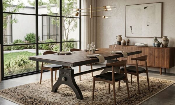 Hure Industrial Dining Table with walnut top in Luxury modern home