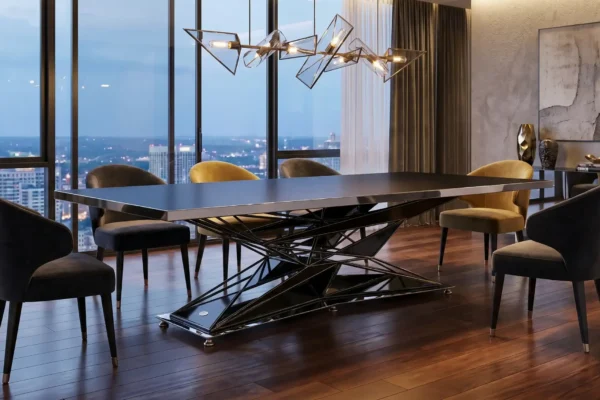 Anvil modern dining table in high-rise interior — stainless steel base with matte black top