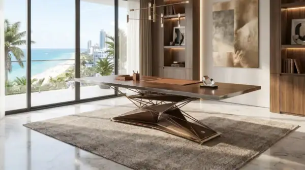 Anvil industrial dining table in stainless steel and matte black — modern Miami office