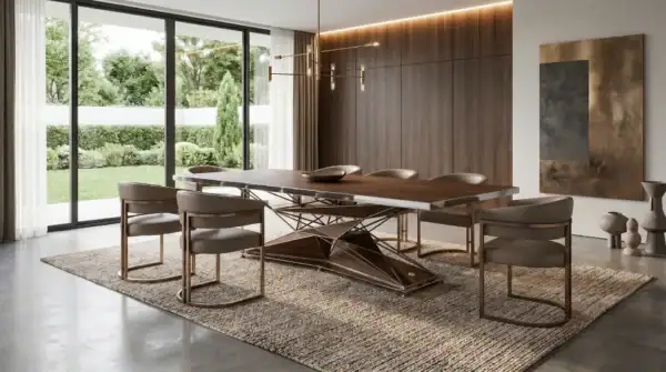 Anvil brass and walnut dining table in ultra luxury home interior