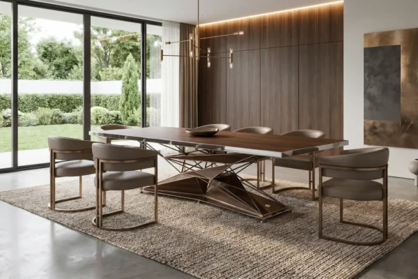 Anvil brass and walnut dining table in ultra luxury home interior