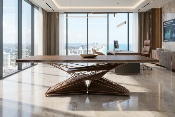 Anvil industrial dining table in ultra-modern office — stainless steel and matte black