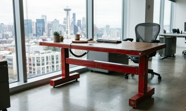 Electric sit-stand desk in hot-rolled steel with red base finish — Los Angeles office