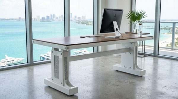 Electric sit-stand desk in glossy white steel — Miami modern office
