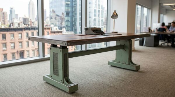 Quad-motor electric sit-stand desk in green finish — Manhattan office workspace