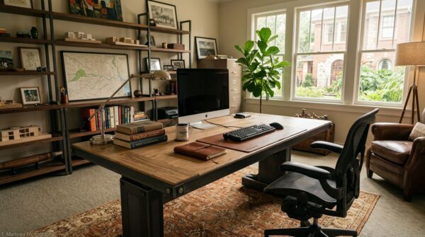 Electric sit-stand desk at seated height in solid hardwood — Houston office