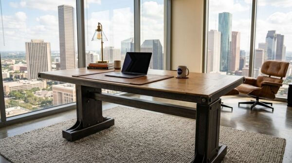 Custom electric sit-stand desk in natural steel finish — Houston office interior