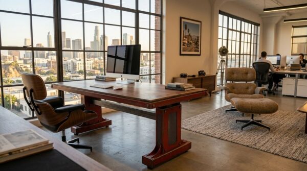 Four-motor electric sit-stand desk in red painted steel — Los Angeles workspace