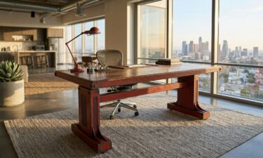 Four-motor electric sit-stand desk in red painted steel — Los Angeles office