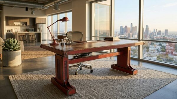 Four-motor electric sit-stand desk in red painted steel — Los Angeles office