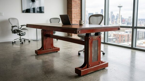 Four-motor electric sit-stand desk in red steel at standing height — Seattle office
