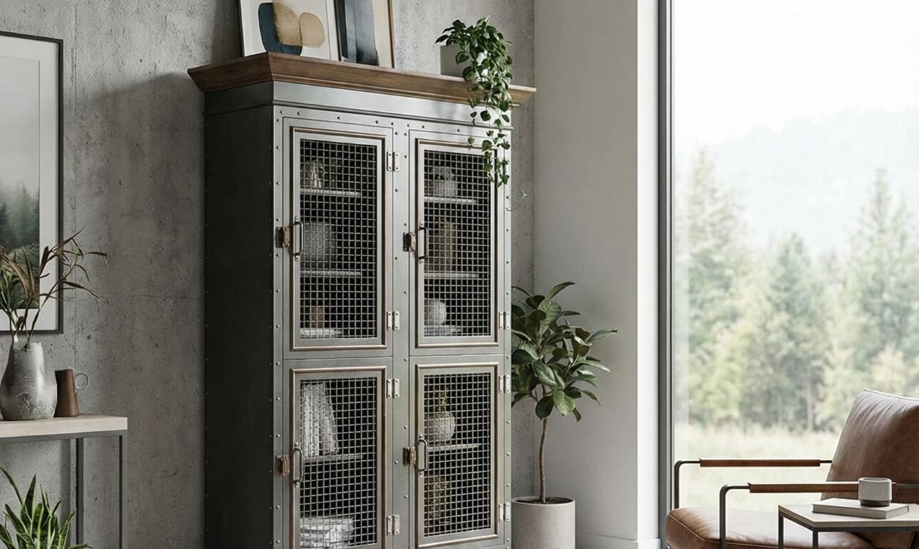 Luxury Vintage Industrial Armoire with brass accents in High End Architect's Home