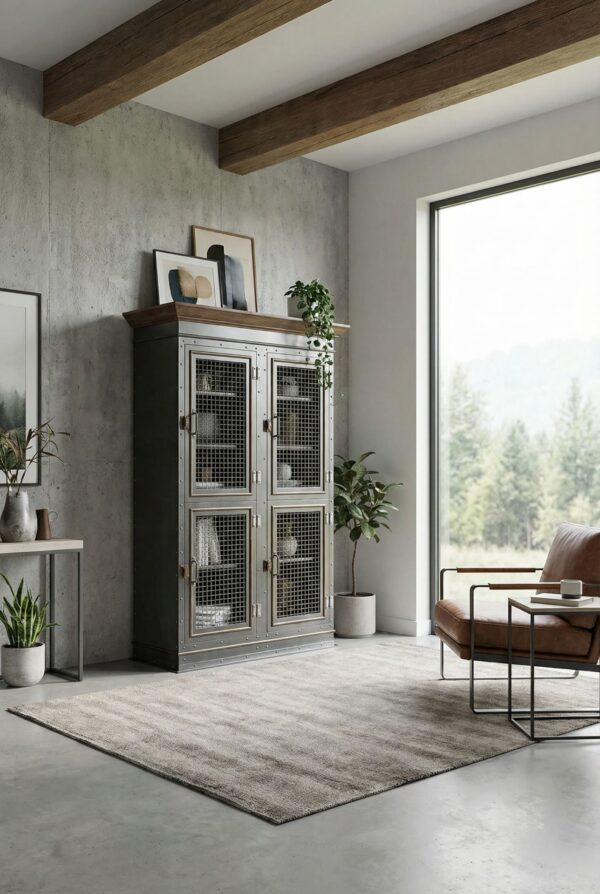 Luxury Vintage Industrial Armoire with brass accents in High End Architect's Home