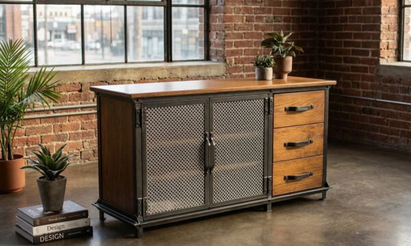 Ellis Console with Drawers wall unit in industrial loft setting — blackened steel and solid hardwood