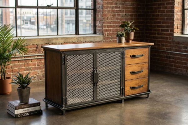 Ellis Console with Drawers wall unit in industrial loft setting — blackened steel and solid hardwood