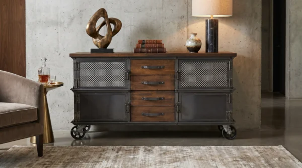 Custom Large Ellis Media Console in a modern high-rise living room — engineered for 85-inch televisions