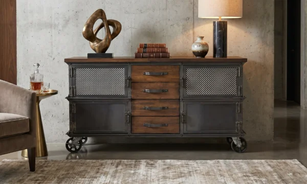 Custom Large Ellis Media Console in a modern high-rise living room — engineered for 85-inch televisions