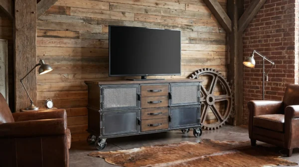 Large Ellis Console with mesh doors and solid steel panels in rustic modern interior