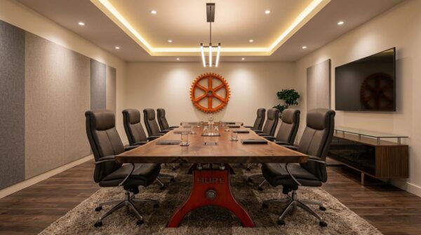 Large Hure industrial boardroom table with walnut live edge top by Vintage Industrial