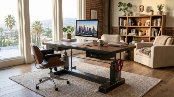 Industrial adjustable height executive desk with mechanical hand crank and walnut top in Los Angeles