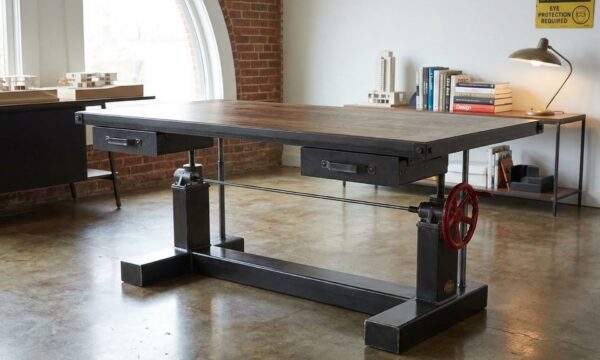 Industrial adjustable height desk with mechanical hand crank and walnut top