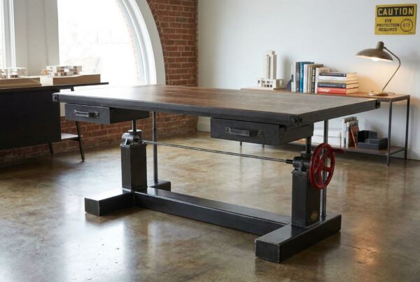 Industrial adjustable height desk with mechanical hand crank and walnut top