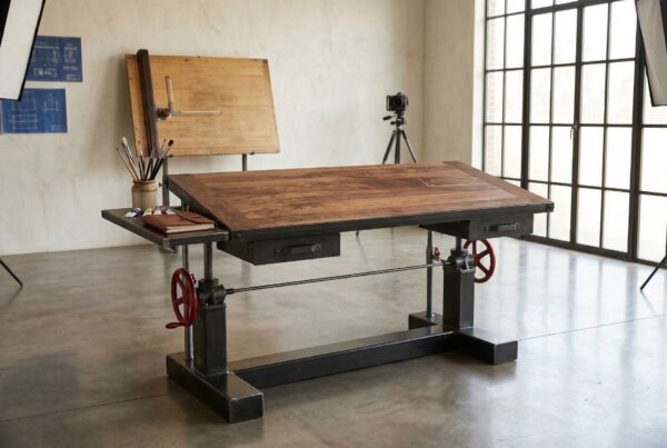 Architect Industrial adjustable height desk with mechanical hand crank and tilting walnut top