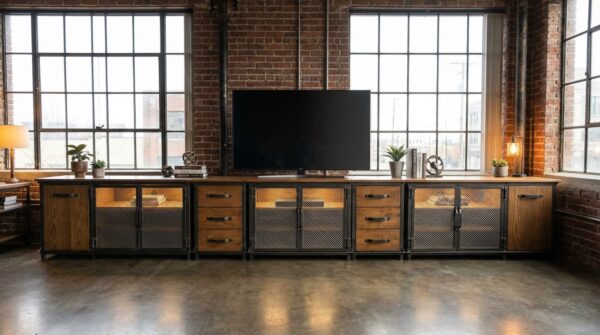 Industrial Entertainment Center — low media console configuration in blackened steel with walnut top