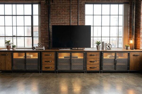 Ellis Console Wall Unit 1 Industrial Entertainment Center — low media console configuration in blackened steel with walnut top