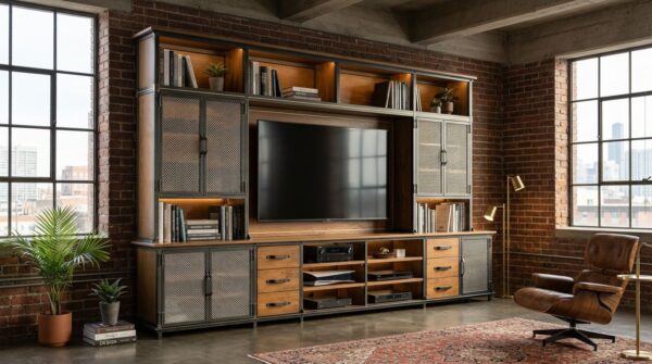 Industrial Entertainment Center — Ellis Console wall unit with mesh door inserts and hardwood shelves