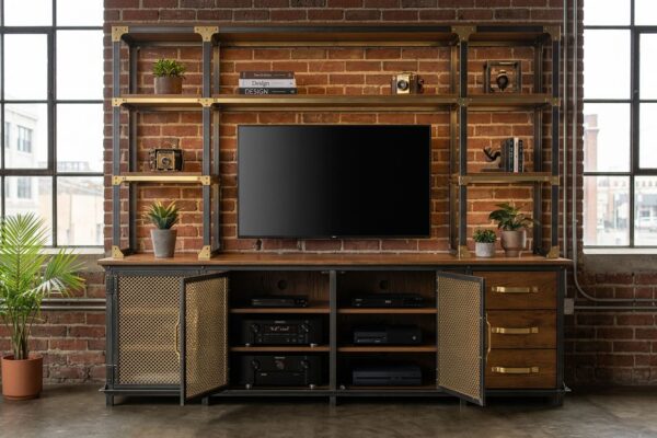 Industrial Entertainment Center — full wall unit configuration with open shelving and closed cabinet sections