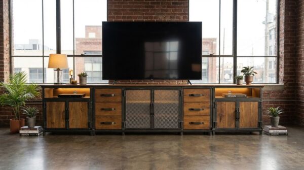 Industrial Entertainment Center — detail of drawer fronts and steel frame on Ellis Console wall unit