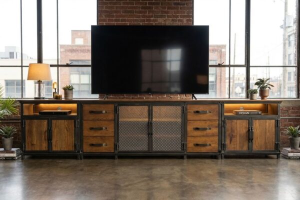 Ellis Console Wall Unit 4 Industrial Entertainment Center — detail of drawer fronts and steel frame on Ellis Console wall unit