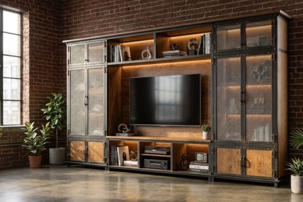 Ellis Console Wall Unit 5 Industrial Entertainment Center — three drawer Ellis Console base with upper cabinet sections in natural steel