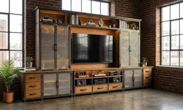 Industrial Entertainment Center — full height wall unit in hot-rolled steel with Ellis Console drawer base and open shelving