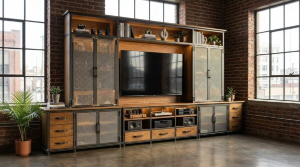 Industrial Entertainment Center — full height wall unit in hot-rolled steel with Ellis Console drawer base and open shelving
