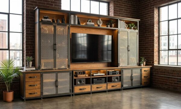 Industrial Entertainment Center — full height wall unit in hot-rolled steel with Ellis Console drawer base and open shelving