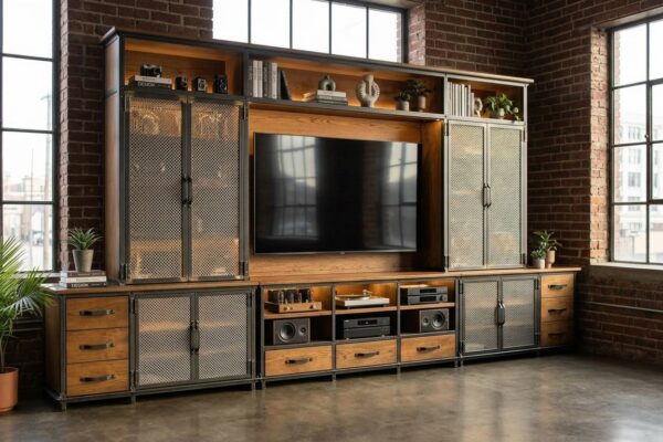Industrial Entertainment Center — full height wall unit in hot-rolled steel with Ellis Console drawer base and open shelving
