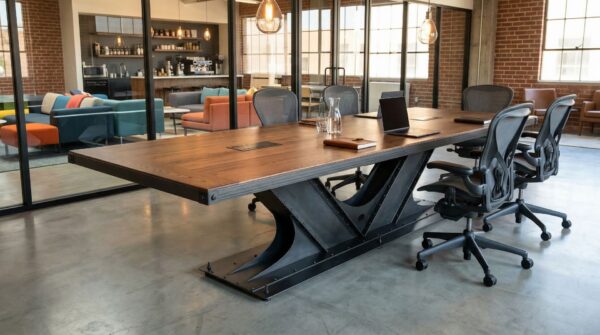 Large Industrial 10 foot conference table with hidden wiring in tech firm office