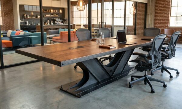 Large Industrial conference table with hidden wiring in tech firm office