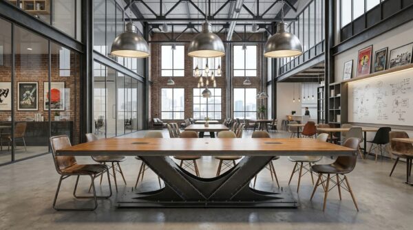 Large Industrial conference table with hidden wiring in a creative agency dining hall