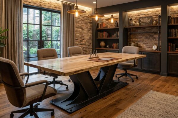 VI-Beam-Slab-Top table Small industrial conference table with hidden wiring in a New York City loft