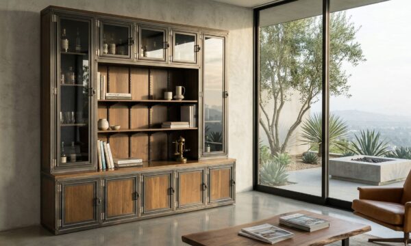 Industrial Chairman Wall Unit Walnut and Steel in Luxury Modern Home in Los Angeles