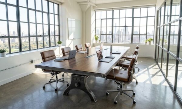 Hure industrial boardroom table with solid walnut top in a glass-walled conference room