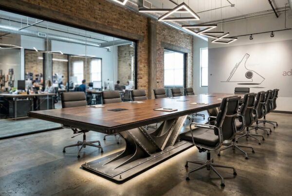 Large Industrial conference table with hidden wiring in a ad agency boardroom