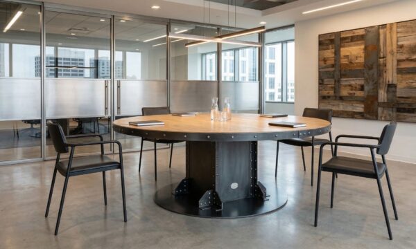 I-Beam pedestal conference table with solid oak top in a modern glass-walled conference room