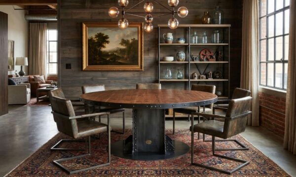 60 inch I-Beam pedestal table with solid round walnut top in a modern office