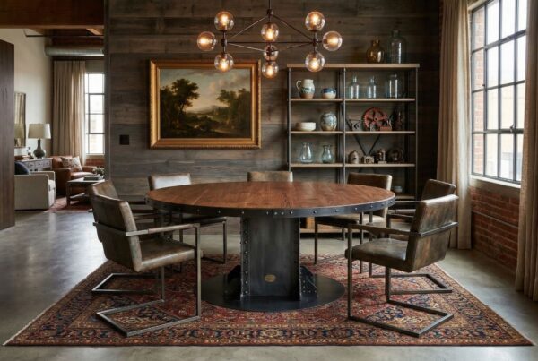 60 inch I-Beam pedestal table with solid round walnut top in a modern office