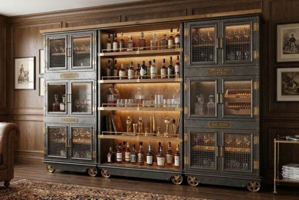 Custom Steel Boxcar Industrial Bar Cart in a Lounge